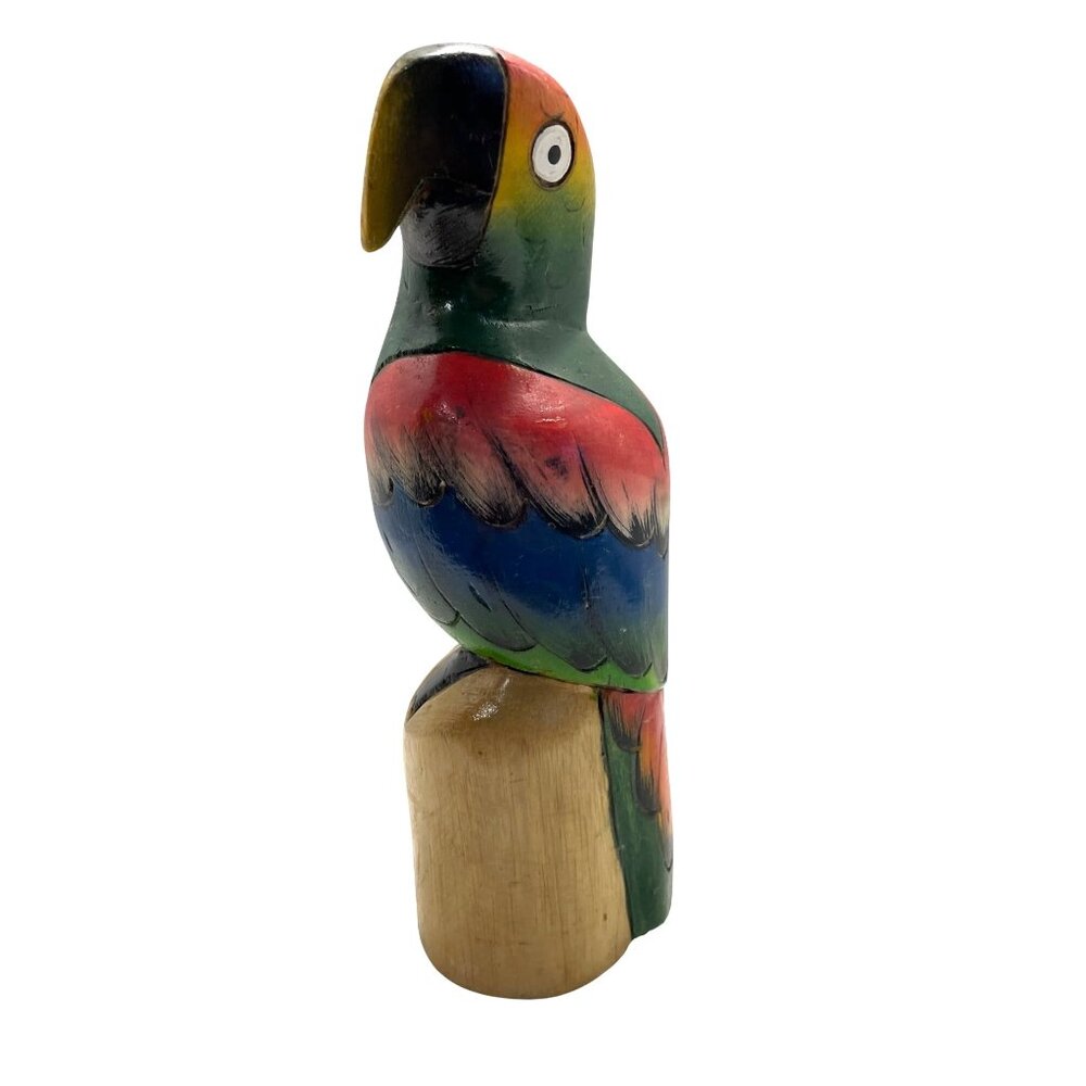 Balsa Wood Parrot Figurine 8.5” Vintage Hand Carved Hand Painted Tiki Bar